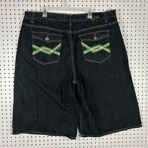 Chams Black Gothic Baggy Jean Shorts 44 Embroidered Streetwear‎ Skater Punk 90s